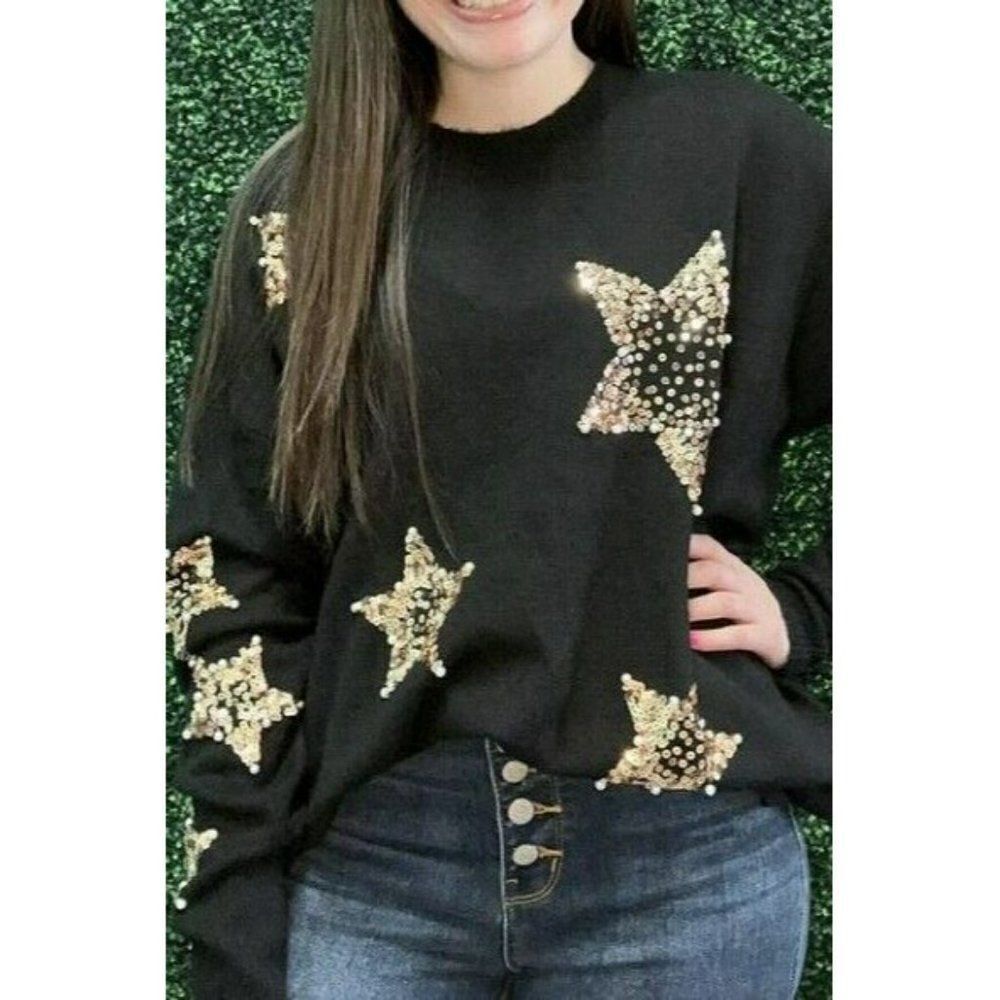Fantastic Fawn Oh My Stars Sequin + Pearls Sweater in Black IFKT54447-01 - Picture 8 of 11